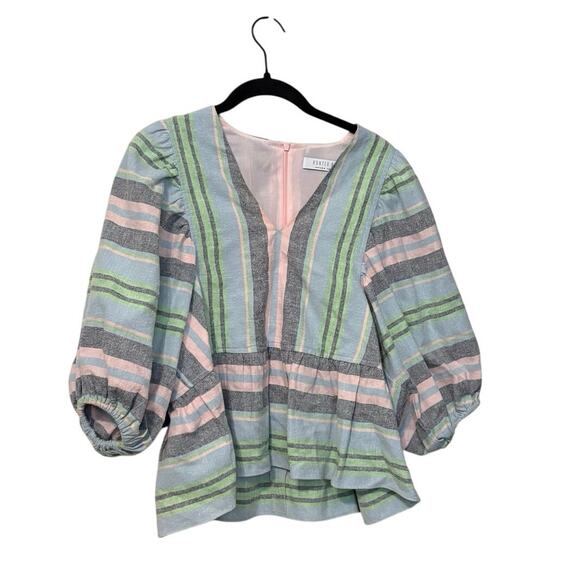 Hunter Bell Pink Blue Striped Linen Blend Landry Puff Blouse Top Size Medium - Picture 3 of 7